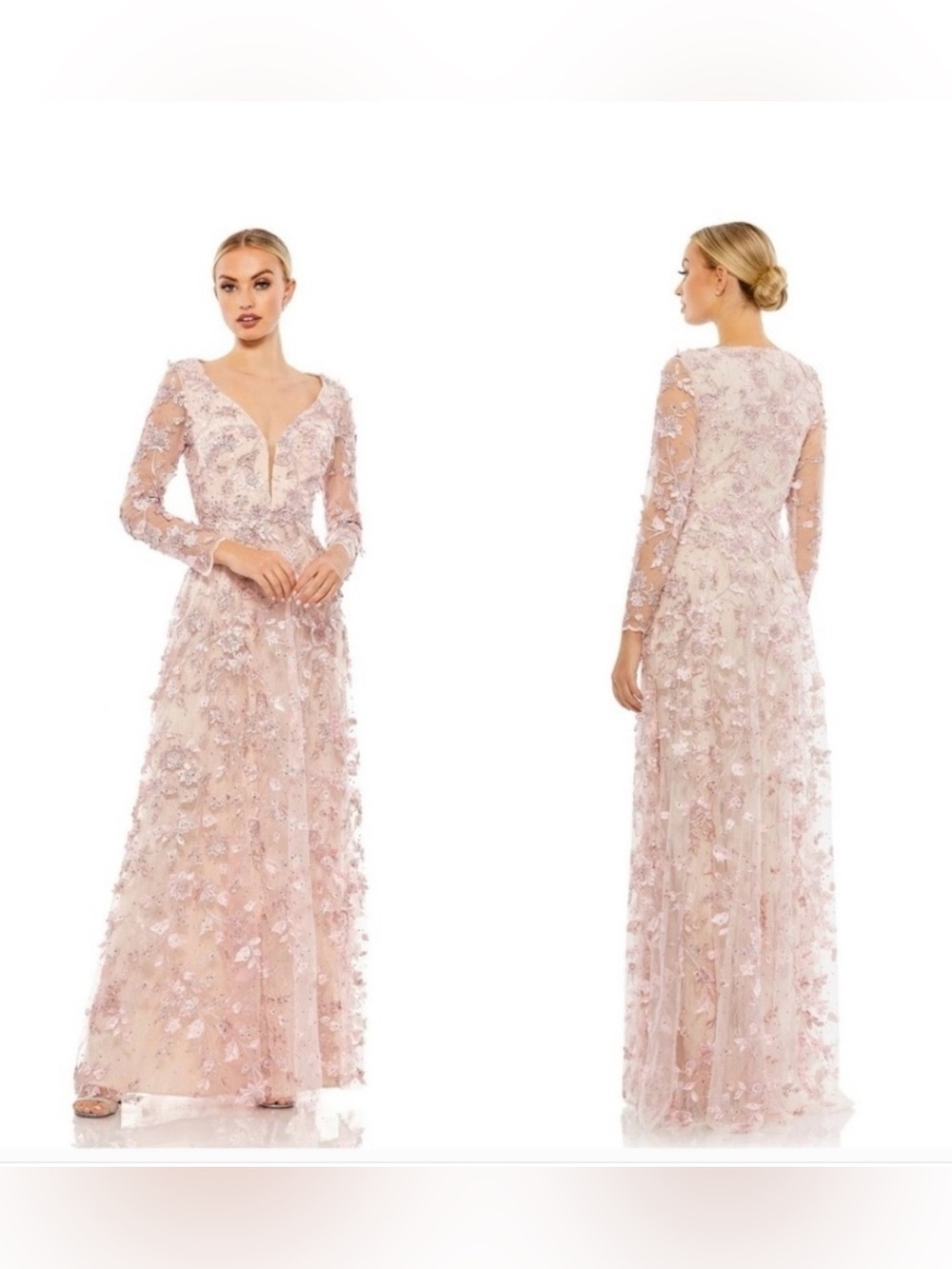 Mac Duggal 70224 Rose Pink Floral Applique Long Sleeve Gown Dress Mesh Size 10